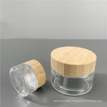 Wholesale 15g 20g 30g 50g cosmetic cream containers packaging clear glass jar with bamboo wood lid